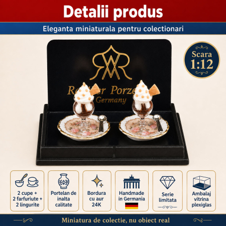 Set 2 cupe inghetata pe farfuriute din portelan cu aur 24K, miniatura 1:12 pentru colectionari [2]