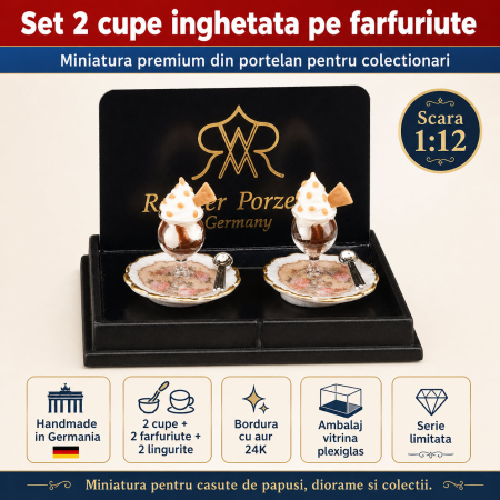 MINIATURI CASUTE PAPUSI - Set 2 cupe inghetata pe farfuriute din portelan cu aur 24K, miniatura 1:12 pentru colectionari