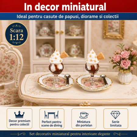 Set 2 cupe inghetata pe farfuriute din portelan cu aur 24K, miniatura 1:12 pentru colectionari [3]