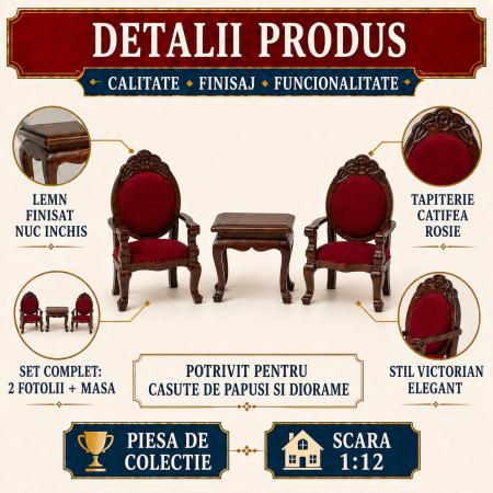 Set 2 fotolii si masa stil victorian din lemn nuc inchis, miniatura 1:12 pentru casute de papusi [2]