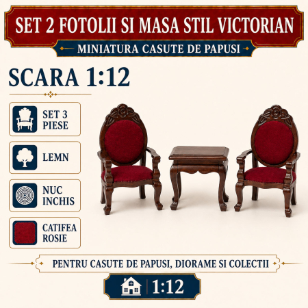 Living miniatural - Set 2 fotolii si masa stil victorian din lemn nuc inchis, miniatura 1:12 pentru casute de papusi
