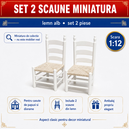 Set 2 scaune albe din lemn, miniatura pentru casute de papusi, diorame si colectii