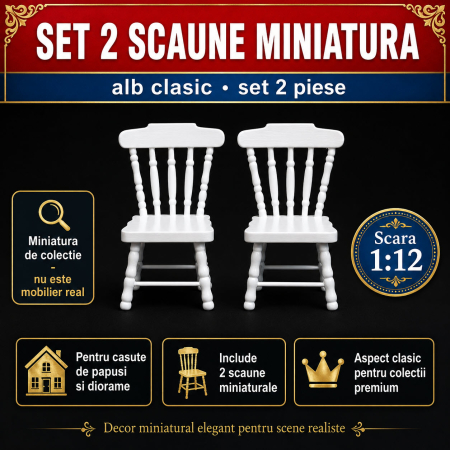 Set 2 scaune albe miniaturale cu spatar decorativ, din lemn, pentru casute de papusi si diorame [0]