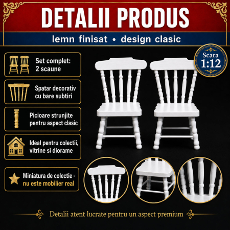 Set 2 scaune albe miniaturale cu spatar decorativ, din lemn, pentru casute de papusi si diorame [2]