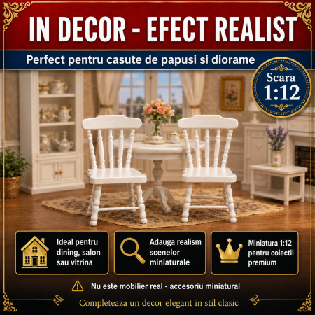 Set 2 scaune albe miniaturale cu spatar decorativ, din lemn, pentru casute de papusi si diorame [3]