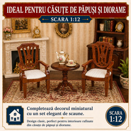 Set 2 scaune cu brate din lemn culoare nuc, miniatura 1:12 pentru casute de papusi [3]