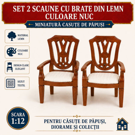 Living miniatural - Set 2 scaune cu brate din lemn culoare nuc, miniatura 1:12 pentru casute de papusi