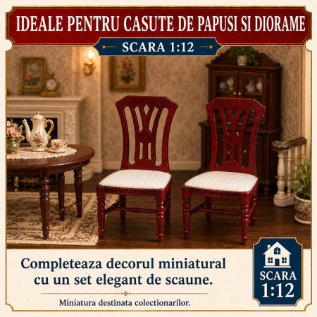 Set 2 scaune din lemn culoare mahon, miniatura 1:12 pentru casute de papusi [3]