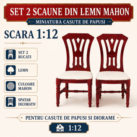 Living miniatural - Set 2 scaune din lemn culoare mahon, miniatura 1:12 pentru casute de papusi