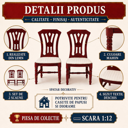 Set 2 scaune din lemn culoare mahon, miniatura 1:12 pentru casute de papusi [2]