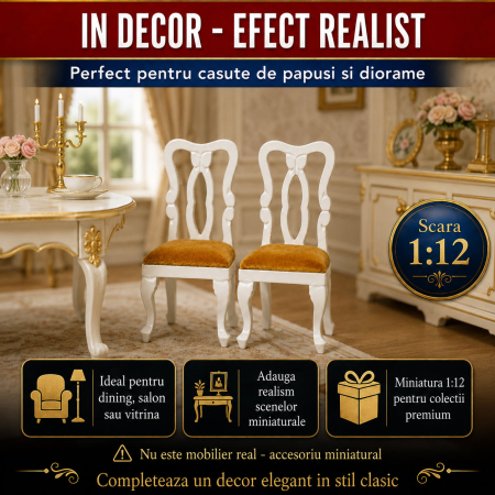 Set 2 scaune tapitate albe cu sezut maro, miniatura pentru casute de papusi si diorame [3]