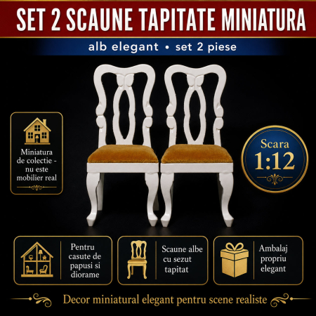 Set 2 scaune tapitate albe cu sezut maro, miniatura pentru casute de papusi si diorame