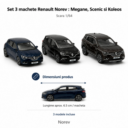 Set 3 machete Renault Megane, Scenic si Koleos, display original Renault, scara 1:64, Norev - varianta A [2]