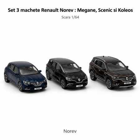 MACHETE AUTO SCARA 1:64 - Set 3 machete Renault Megane, Scenic si Koleos, display original Renault, scara 1:64, Norev - varianta A