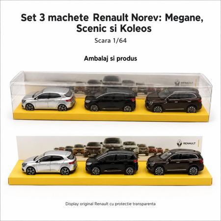 Set 3 machete Renault Megane, Scenic si Koleos, varianta B, display original Renault, scara 1:64, Norev [2]