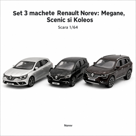 Set 3 machete Renault Megane, Scenic si Koleos, varianta B, display original Renault, scara 1:64, Norev [1]