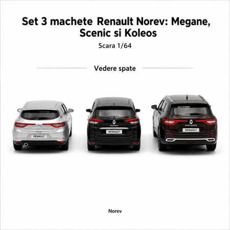 Set 3 machete Renault Megane, Scenic si Koleos, varianta B, display original Renault, scara 1:64, Norev [4]