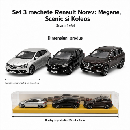 MACHETE AUTO SCARA 1:64 - Set 3 machete Renault Megane, Scenic si Koleos, varianta B, display original Renault, scara 1:64, Norev