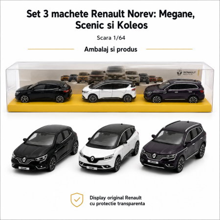 MACHETE AUTO SCARA 1:64 - Set 3 machete Renault Megane, Scenic si Koleos, varianta C, display original Renault, scara 1:64, Norev