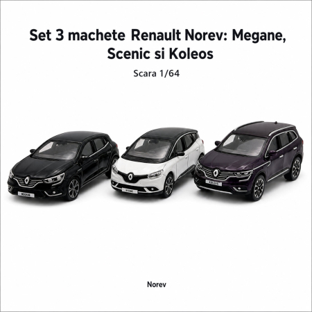 Set 3 machete Renault Megane, Scenic si Koleos, varianta C, display original Renault, scara 1:64, Norev [1]