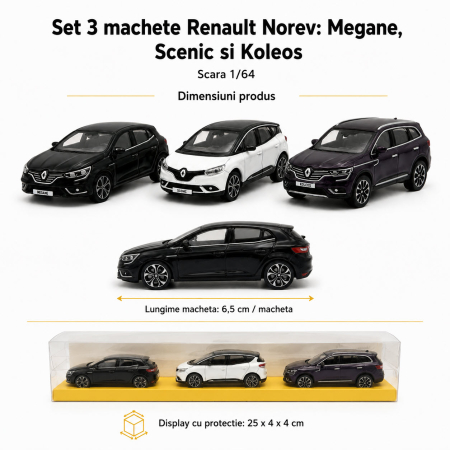 Set 3 machete Renault Megane, Scenic si Koleos, varianta C, display original Renault, scara 1:64, Norev [2]