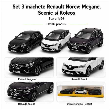 Set 3 machete Renault Megane, Scenic si Koleos, varianta C, display original Renault, scara 1:64, Norev [3]