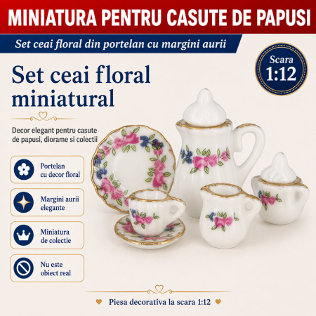 Accesorii miniaturale - Set ceai floral din portelan cu margini aurii, miniatura 1:12 pentru casute de papusi