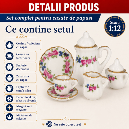 Set ceai floral din portelan cu margini aurii, miniatura 1:12 pentru casute de papusi [2]