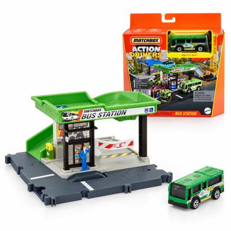 MACHETE AUTO SCARA 1:64 - Set de joaca Matchbox Action Drivers Statia de Autobuz cu autobuz inclus, scara 1:64