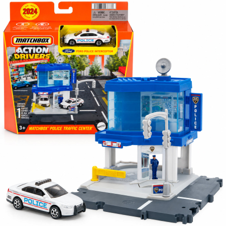 MACHETE AUTO SCARA 1:64 - Set de joaca Matchbox Action Drivers Statie de Politie cu Ford Police Interceptor, scara 1:64