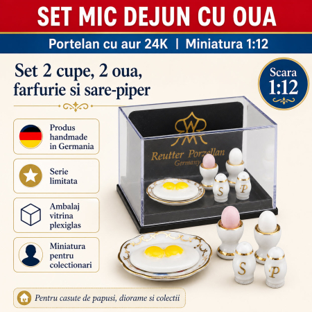 MINIATURI CASUTE PAPUSI - Set mic dejun cu oua din portelan cu aur 24K, miniatura 1:12 pentru colectionari