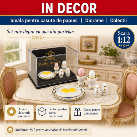 Set mic dejun cu oua din portelan cu aur 24K, miniatura 1:12 pentru colectionari [3]