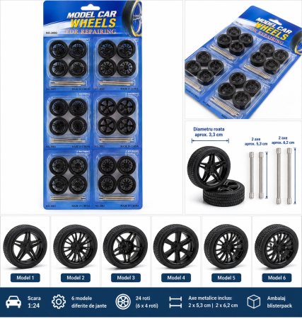 Set Multipack 24 Roți Tuning Machete Auto, 6 Modele Jante + Anvelope și Pini Fixare, Scara 1/24 - 1/18 [1]