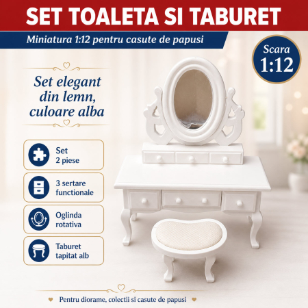 Set toaleta cu oglinda rotativa si taburet alb, miniatura 1:12 pentru casute de papusi