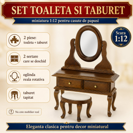 Set toaleta cu oglinda si taburet nuc, miniatura 1:12 pentru casute de papusi