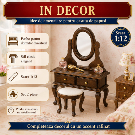 Set toaleta cu oglinda si taburet nuc, miniatura 1:12 pentru casute de papusi [3]