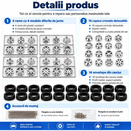 Set Universal 16 Roti Tuning Cromate cu Capace si Axe pentru Machete Auto 1/18 - 1/24 [2]