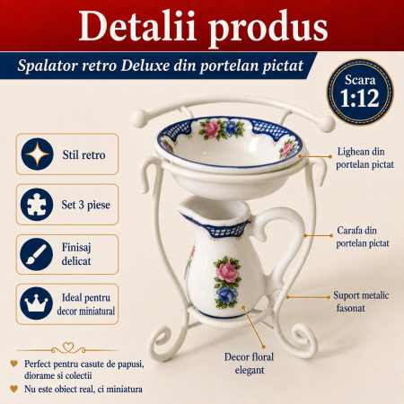 Spalator retro Deluxe din portelan pictat cu suport metalic, miniatura 1:12 pentru casute de papusi [2]