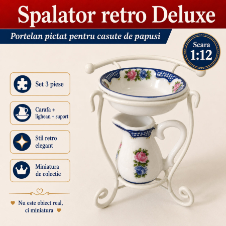 MINIATURI CASUTE PAPUSI - Spalator retro Deluxe din portelan pictat cu suport metalic, miniatura 1:12 pentru casute de papusi