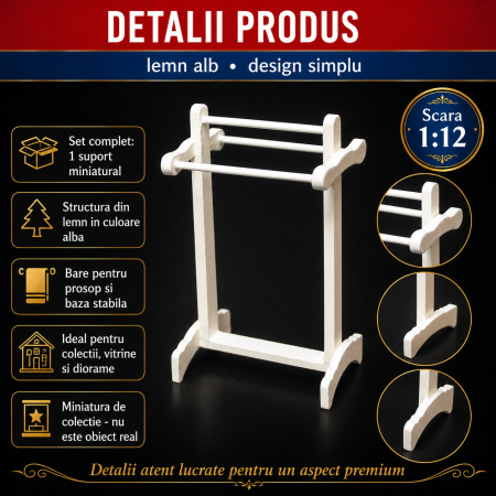 Suport alb din lemn pentru prosoape, miniatura pentru casute de papusi si diorame [2]