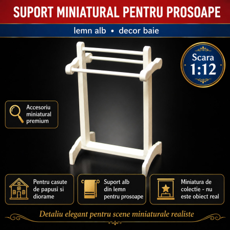 Suport alb din lemn pentru prosoape, miniatura pentru casute de papusi si diorame