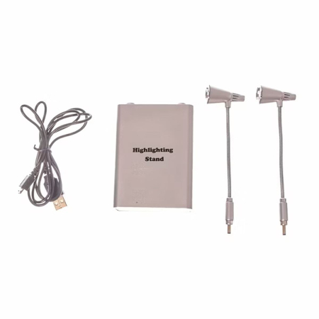 Suport iluminare machete auto cu 2 lampi LED, brat flexibil argintiu, alimentare baterii sau USB [1]