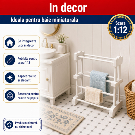 Suport prosoape alb din lemn, miniatura 1:12 pentru casute de papusi [3]