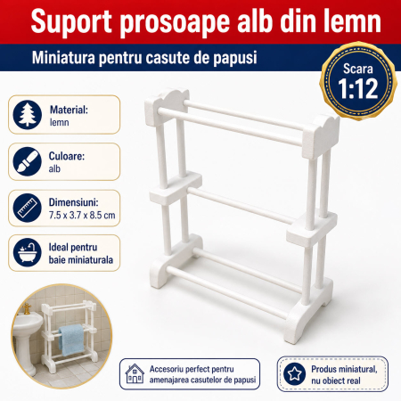 Suport prosoape alb din lemn, miniatura 1:12 pentru casute de papusi