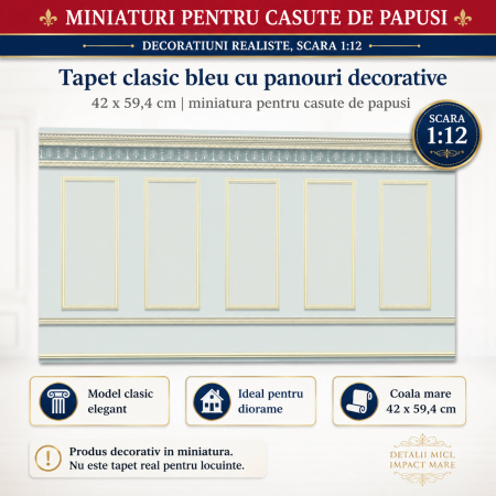 Tapet clasic bleu cu panouri decorative 42 x 59,4 cm, miniatura pentru casute de papusi