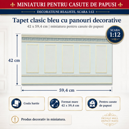 Tapet clasic bleu cu panouri decorative 42 x 59,4 cm, miniatura pentru casute de papusi [1]