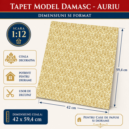 Tapet Damasc auriu 42 x 59,4 cm, miniatura pentru casute de papusi si diorame [1]