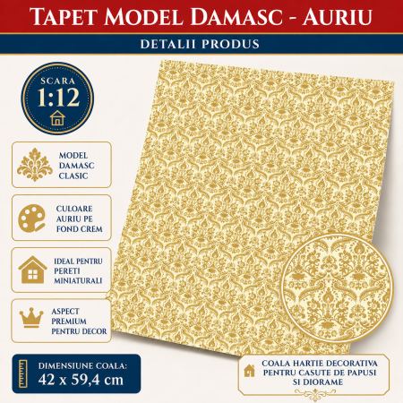 Tapet Damasc auriu 42 x 59,4 cm, miniatura pentru casute de papusi si diorame [2]