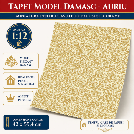 Tapet Damasc auriu 42 x 59,4 cm, miniatura pentru casute de papusi si diorame