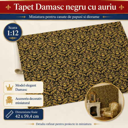 Tapet Damasc negru cu auriu 42 x 59,4 cm, miniatura pentru casute de papusi si diorame